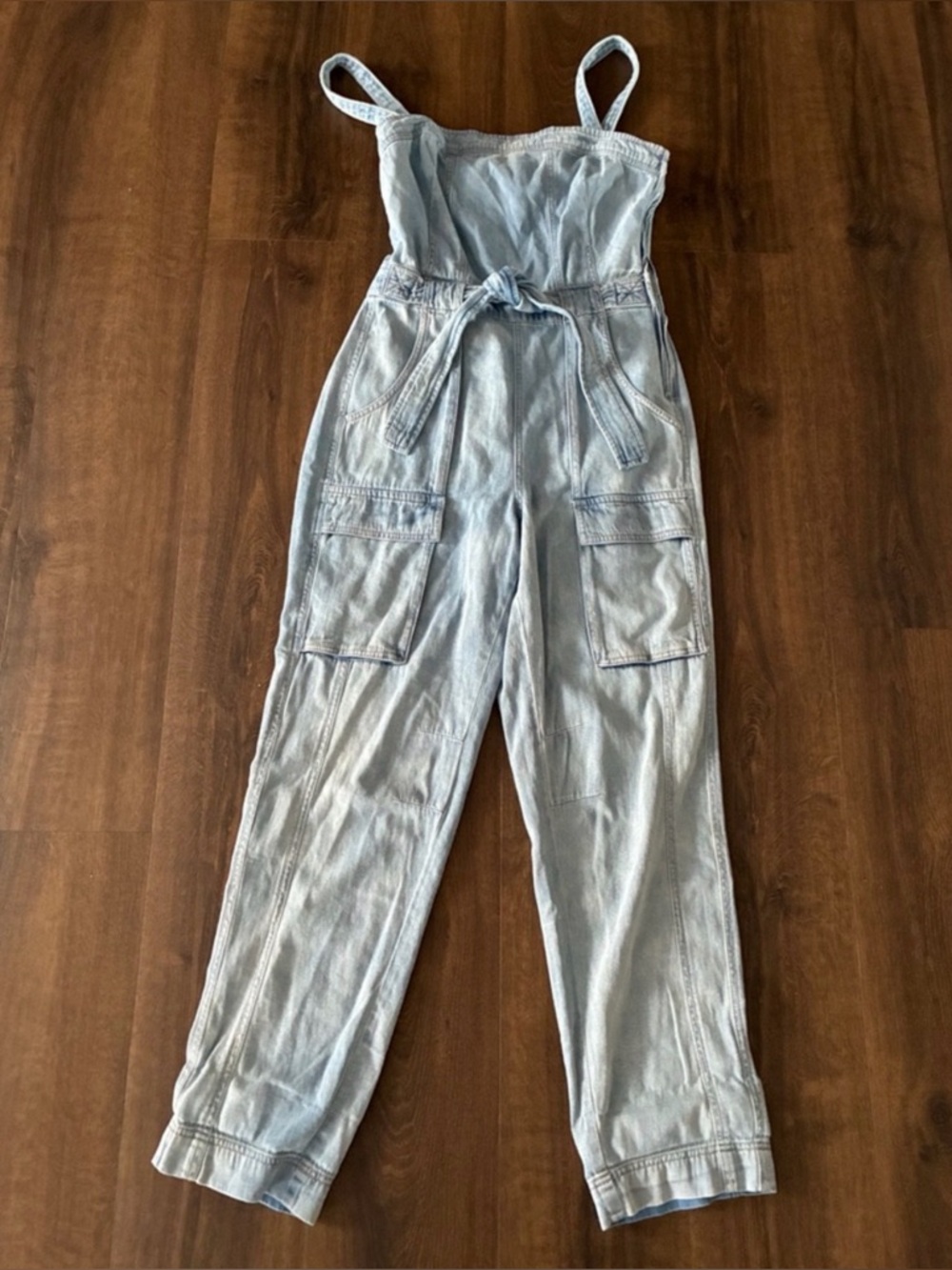 NWT Free People Blue Open Back Cargo Go West Denim Jumpsuit Overalls